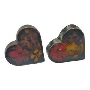 Vintage 925 Sterling Silver Heart Pressed Flower Resin Stud Earrings Botanical